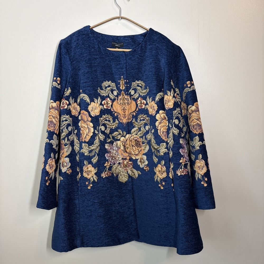 Susan Graver Artisan Embellished Beaded Tapestry Jacket Size 18W Blue Floral NWT
